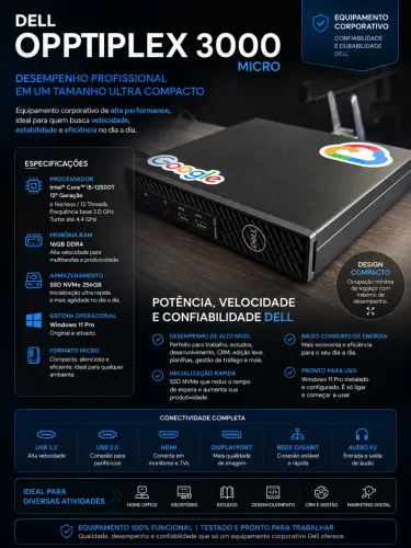 Dell OptiPlex 3000 Micro | Intel i5 12ª Geração | 16GB RAM | SSD 256GB