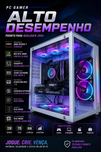 PC Gamer Ryzen 7 5700X3D + RTX 4060 | Alto Desempenho para Jogos e Trabalho