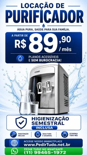 Locação de purificador de água só R$39,90 mês.