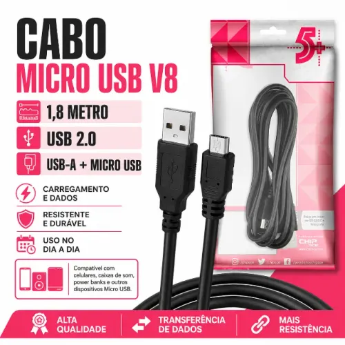Cabo USB-A Macho Para Micro USB V8 2.0 1,8m Preto Carregamento e Transferência de Dados