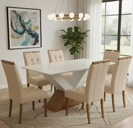 Conjunto de Jantar 6 Lugares com Vidro Off White e Veludo Bege