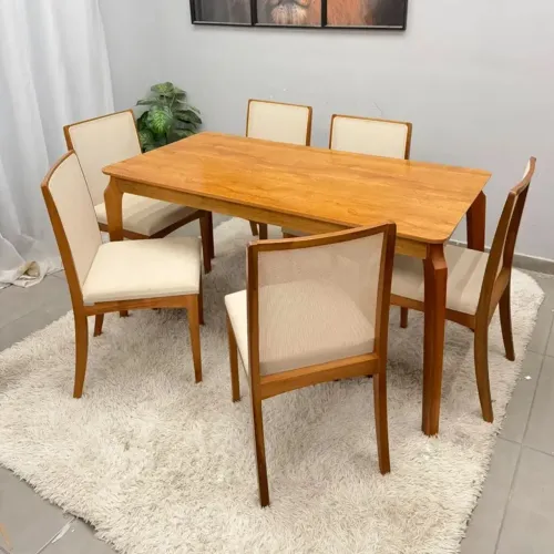 Mesa de Jantar Alegra 160x80cm Sem Vidro e 6 Cadeiras Lara em Linho/ pronta entrega