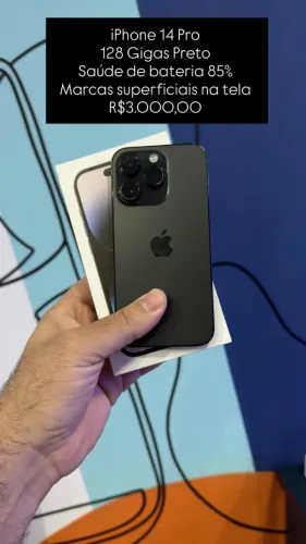 iPhone 14 Pro / 128GB / Preto / Saúde de bateria 85% / Marcas superficiais na tela