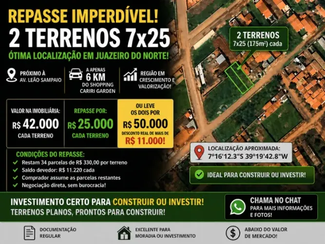 Repasse 2 Terrenos 7x25 Próx. Av. Leão Sampaio - 6km do Cariri Garden | Abaixo do Mercado