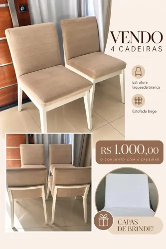 Conjunto com 4 Cadeiras Estofadas Bege e Estrutura Laqueada Branca