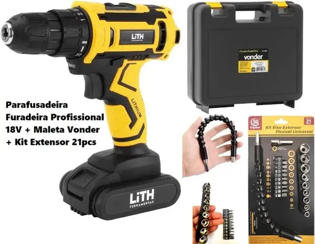 Conjunto Parafusadeira Furadeira 18V + Maleta Vonder + Kit Extensor 21pc (Promoção)