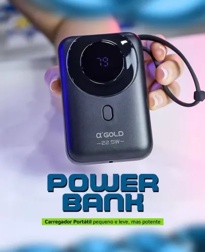 Carregador Portátil Power Bank 10.000mAh com Cabo Tipo C e iPhone, 22.5W PD, Preto ?'Gold
