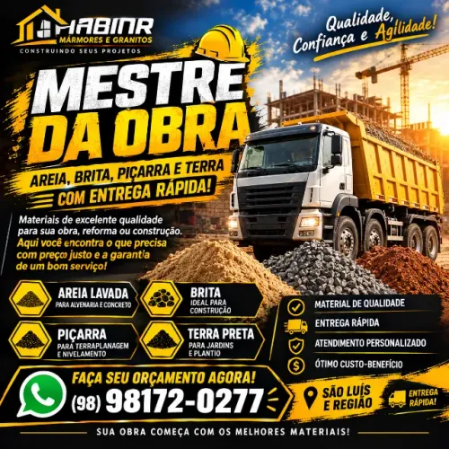 ? Areia, Brita, Piçarra e Terra Preta - Entrega Rápida em São Luís