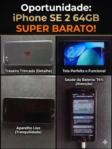 iPhone SE 2 (2020) - Preto - 64GB - Perfeito Funcionamento (Traseira Trincada)