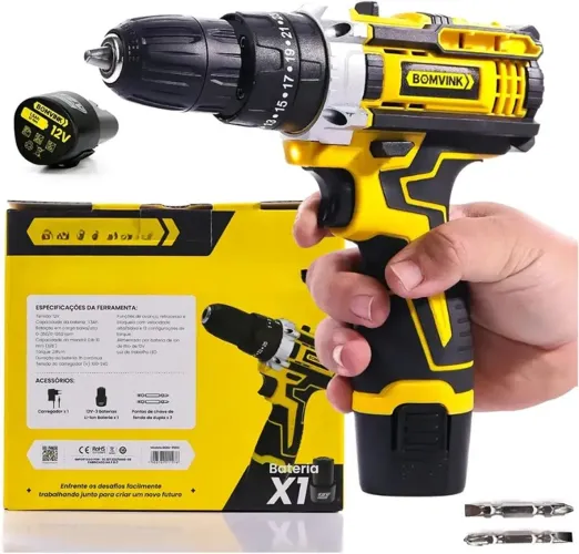 Furadeira Martelete Parafusadeira 12v Profissional Bateria Amarelo 50hz/60hz