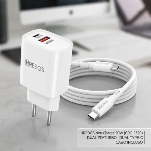 KIT CARREGADOR 20W HREBOS CRG-232C DUAL PD/TURBO + CABO DUAL USB-C
