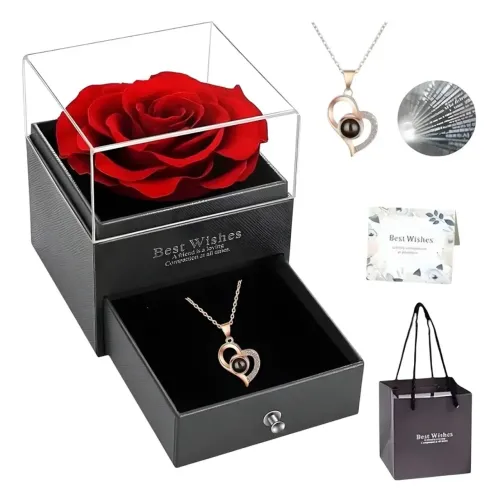 Rosa Eterna Preservada + Colar Feminino Presentes Românticos