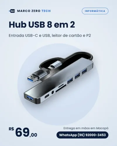 Hub USB 8 em 2 com Leitor de Cartão e P2