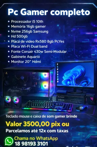 PC Gamer Completo (i5 10ª Ger + RX 580 8GB) + Gabinete Aquário e Monitor