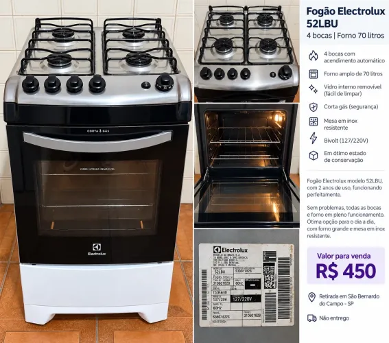 Fogão Electrolux 4 Bocas 52LBU - 2 anos de uso - Funcionando perfeitamente