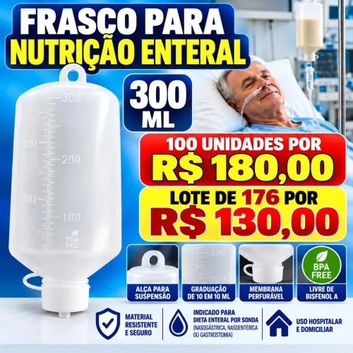 Lote com 176 Frascos para Nutrição Enteral 300 ml com Alça