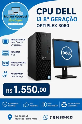 Cpu Dell i3 de 8° geração com 4GB e ssd de 240 - acompanha Monitor Dell de 15° polegadas