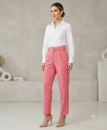 Calça Alfaiataria Feminina Rosa com Cinto