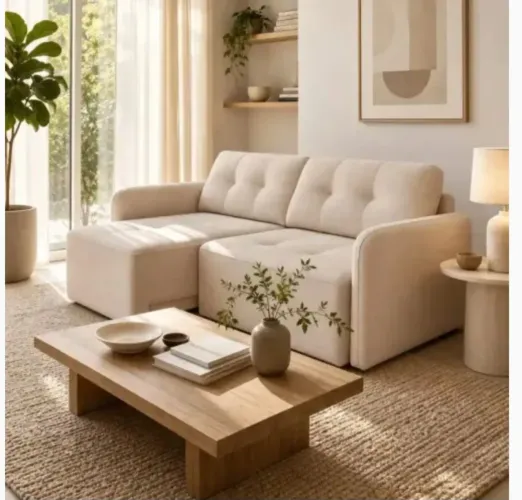 Sofá Nordeste Flex Retrátil com Design 2 em 1 Paris Linho Bege <br>