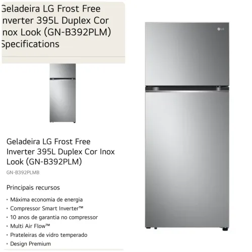 Geladeira inverter Fros free LG 395l INOX