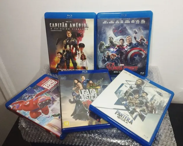 Lote 5 Blu-ray Super Heróis Marvel DC - Pantera Negra, Vingadores, Capitão América, Liga 