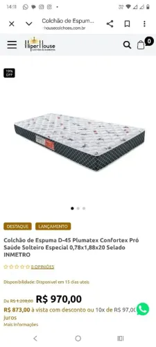 Colchão de solteiro D45 de 890 por 350,00