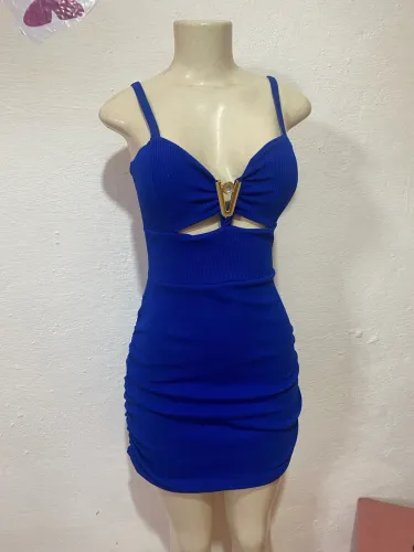 Vestido azul royal com detalhe dourado
