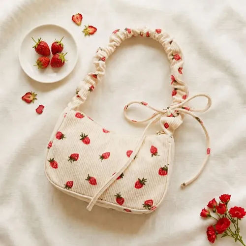 Bolsa Baguette Velvet com Estampa de Morangos