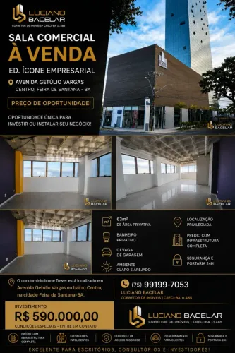 Vendo Sala Comercial 65m² no Ícone Tower | Av. Getúlio Vargas | Banheiro Privativo