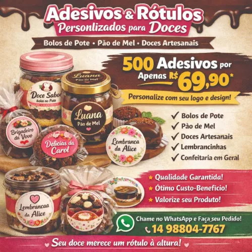 500 adesivos 4 x 4 cm PROMOÇÃO R$ 69,90