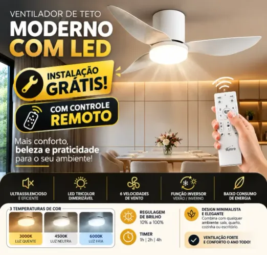 Ventilador de Teto + Controle + INSTALAÇÃO GRÁTIS!