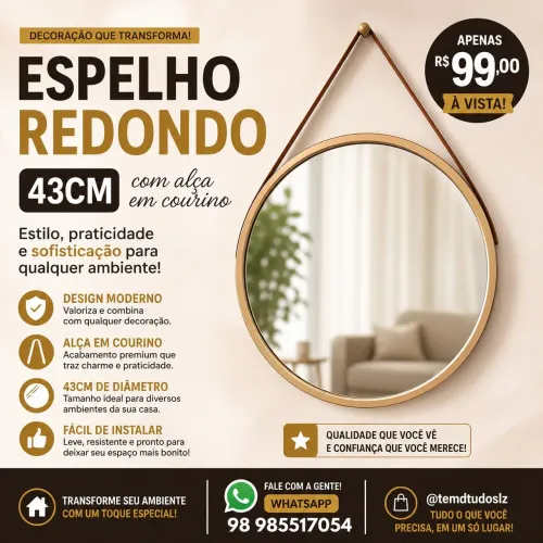 Espelho redondo 43cm com alça em courino