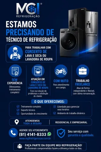 Estamos precisando de técnico de refrigeração trabalhar com lava e seca lavadora de roupa