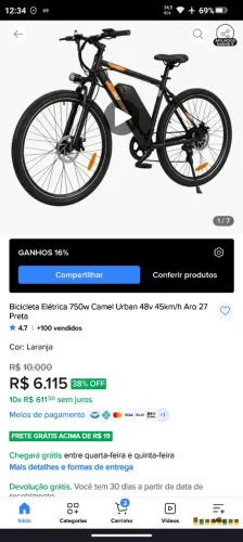 Bicicleta elétrica 750W aro 27.5 só 11km