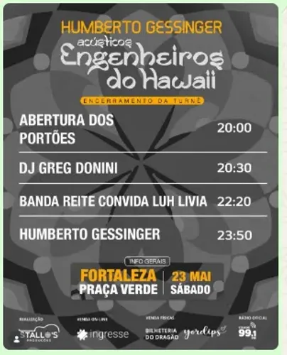 Dois ingressos pro show Humberto Gessinger ?Acústicos Engenheiros do Hawaii?