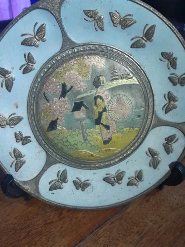 Prato de decoração Japonesa que toca música Sakura antigo 15 cm cerejeira foto gueixa 