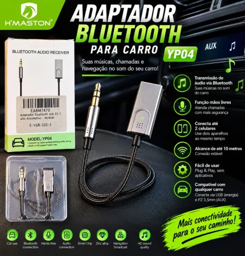 Adaptador Receptor Bluetooth para Carro P2 AUX + USB YP04 - Viva-Voz