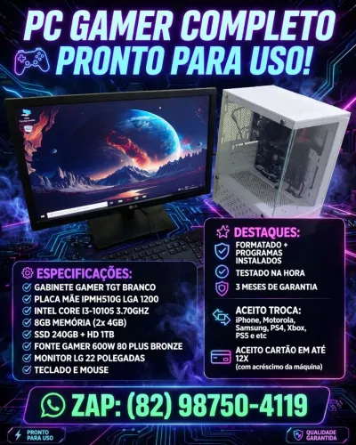 VENDO/TROCO PC GAMER I3 DÉCIMA GERAÇÃO MONITOR TECLADO E MOUSE COMPLETO 3 MÊS DE GARANTIA