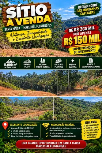 Sítio 11.000m² por R$150 Mil em Marechal Floriano Perto do Parque do China, troco carros <br>