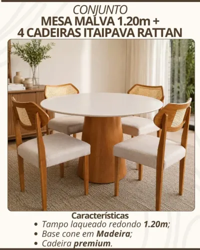 Conjunto Mesa de jantar malva 1,20 tampo laqueado base cone madeira