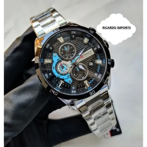 Relógio Curren Original Esportivo Prata/Preto/Azul Entregamos