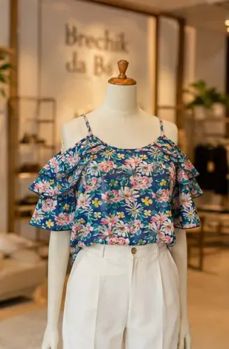 Blusa ciganinha azul floral Tam GG