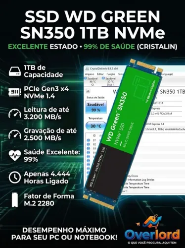 SSD WD Green SN350 1TB | 99% de Saúde | Fator de Forma 2.5"
