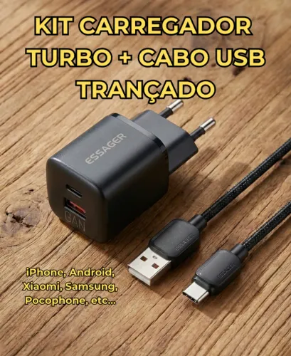 Kit Carregador TURBO Essager 20W + Cabo Trançado (iPhone, Android, Xiaomi, Samsung, etc)