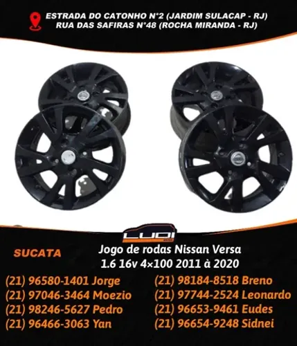 Jogo de rodas Nissan Versa 1.6 16v 4×100 2011 à 2020