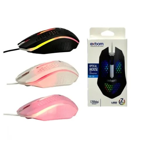 Mouse Com Fio Óptico USB Com Iluminação RGB Ergonômico