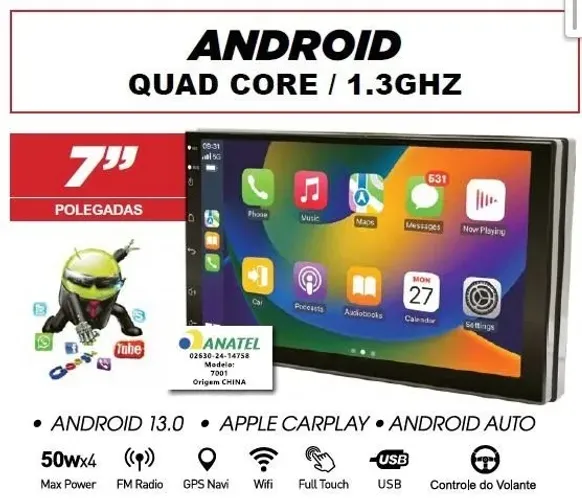Central Multimídia Android 2 Din 7 polegadas espelhamento Android Auto e carplay