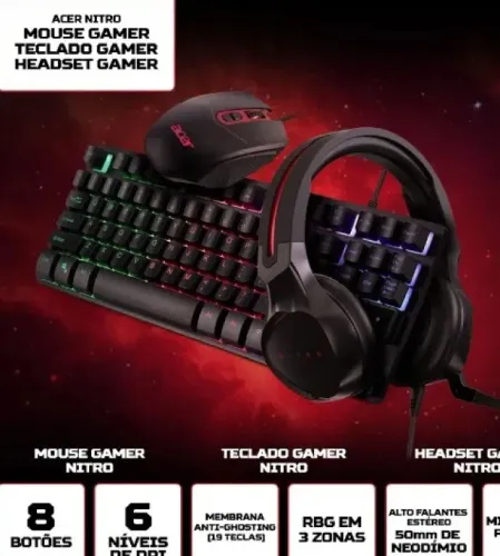 Kit Gamer Acer Mouse + Headset Microfone + Teclado Nitro
