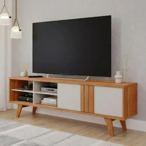 Rack Bancada para TV 100% MDF 180 cm Paraty Nature/Off White - Permóbili Nature/Off White 
