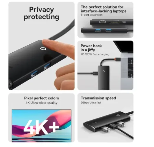 Baseus HUB 6 em 1,  tipo c hub leitor cartão e carregamentop 100w para macbook pro 
